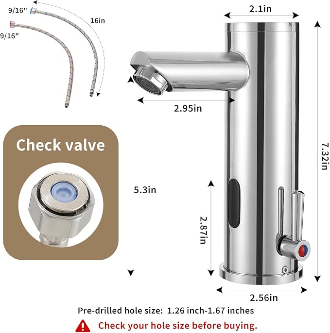 Automatic Touchless Bathroom Sink Faucet Motion Activated Sensor Hands Free Auto Off 1 Hole Commercial Infrared Brass Basin Faucets Adjustable Cold Hot Single Handle Water Mixer（Chrome）