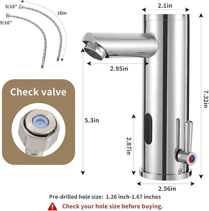 Automatic Touchless Bathroom Sink Faucet Motion Activated Sensor Hands Free Auto Off 1 Hole Commercial Infrared Brass Basin Faucets Adjustable Cold Hot Single Handle Water Mixer（Chrome）