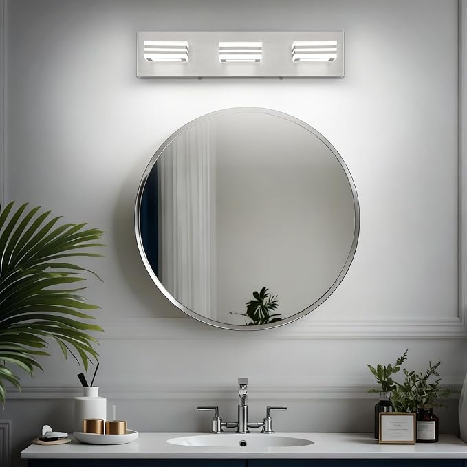 SOLFART LED Bathroom Vanity Light Fixtures： 3 Light Brushed Nickel Modern Acrylic Bathroom Wall Lighting Fixtures Over Mirror 20in