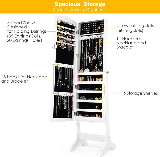 NAFORT Jewelry Armoire, Mirror with Jewelry Storage, Jewelry Organizer, Standing Lockable Jewelry Cabinet with Full Length Mirror, Jewelry Organizer with 2 Drawers, White