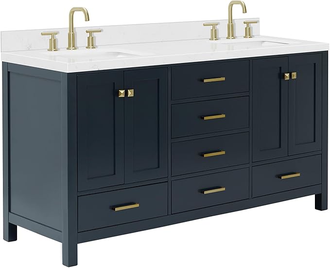 ARIEL Cambridge 66-inch Bathroom Vanity with Sink,Solid Wood, 1.5-inch Carrara White Quartz Countertop, Double Rectangular Porcelain Sink, 4 Soft Closing Doors, 6 Dovetail Drawers, Midnight Blue