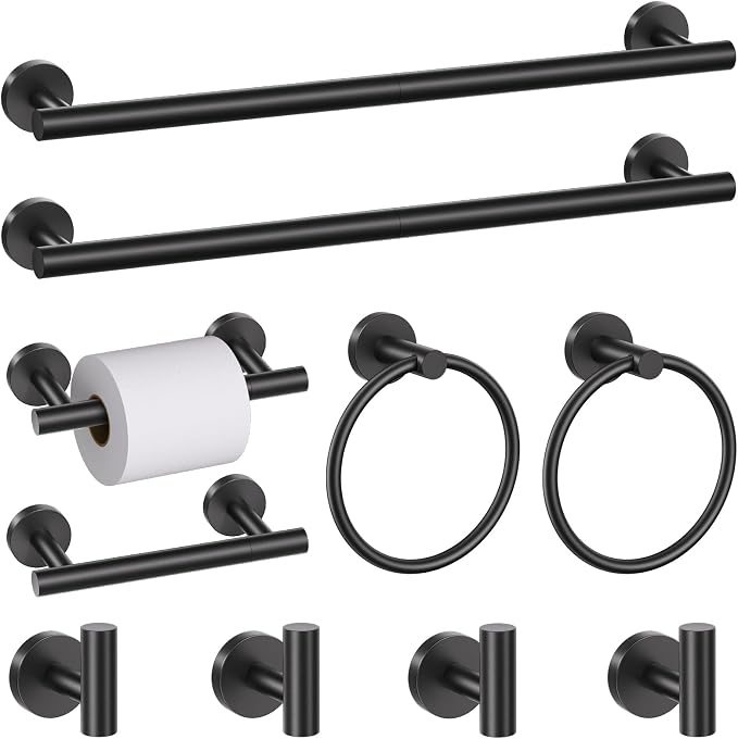 10 Pieces Matte Black Bathroom Hardware Accessories Towel Bar Set Black Towle Racks for Bathroom Wall Mounted Stainless Steel Toilet Paper Holder Towel Holder Kit