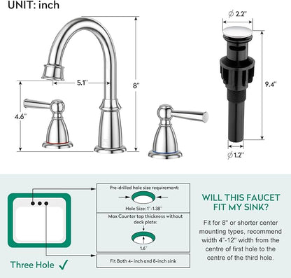 CREA 2 Handles 8 Inch Bathroom Faucet for Sink 3 Hole,360°Swivel Chrome Widespread Bathroom Faucets with Drain,3 Pieces Faucet for Vanity Restroom(cPUC Supply Line)
