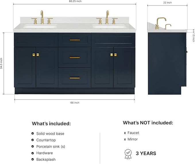 DKB Bradford 66" Midnight Blue Double Bathroom Vanity, 1.5" Carrara Quartz Countertop, Rectangular Undermount Sinks, 2 Soft Closing Doors, 3 Dovetail Drawers, Satin Brass