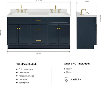 DKB Bradford 66" Midnight Blue Double Bathroom Vanity, 1.5" Carrara Quartz Countertop, Rectangular Undermount Sinks, 2 Soft Closing Doors, 3 Dovetail Drawers, Satin Brass