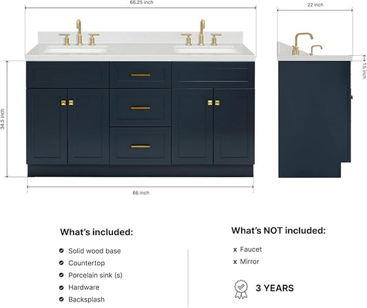 DKB Bradford 66" Midnight Blue Double Bathroom Vanity, 1.5" Carrara Quartz Countertop, Rectangular Undermount Sinks, 2 Soft Closing Doors, 3 Dovetail Drawers, Satin Brass