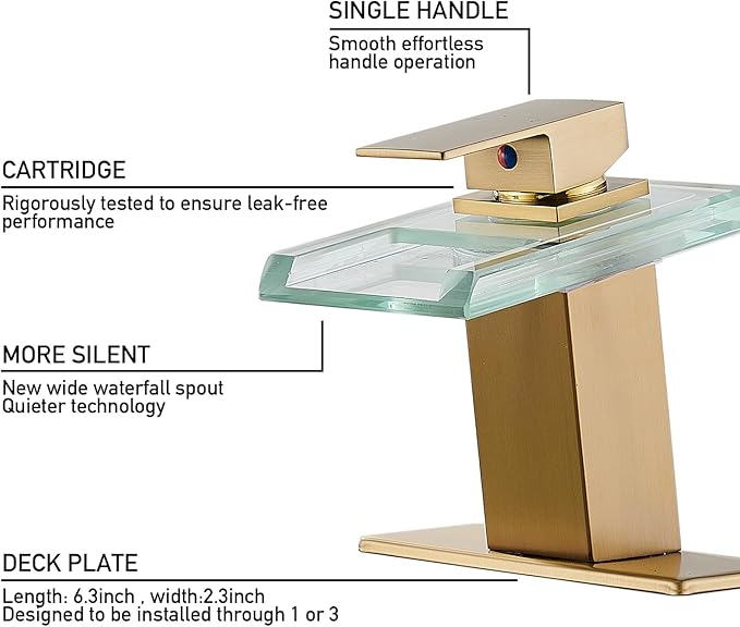 LED Bathroom Sink Faucet, Brushed Gold Waterfall Single Hole Handle Vanity Faucets for Sinks 1 Hole with Metal Pop Up Drain and 2 Water Supply Lines, Open Glass Spout