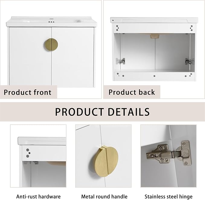 28inch Wall Mount Bathroom Vanity w/Sink Combo for Small Space, Modern Ceramic Countertop Double Door Cabinet, Floating White Vanity Set w/Gold Handle