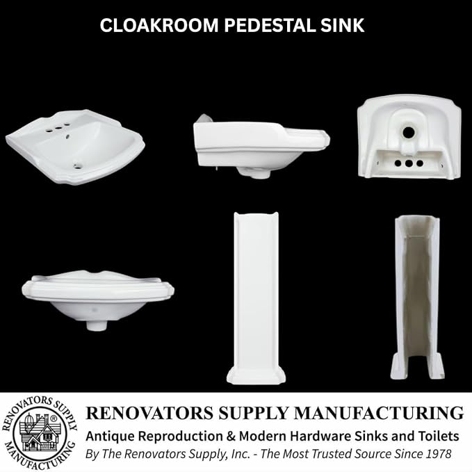 Renovators Supply Manufacturing Cloakroom Space Saving 19" W x 34" H x 15" Proj. Small Bathroom Pedestal Sink, Vitreous China, with Overflow, Compatible with 4 in. Centerset Faucets