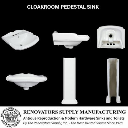 Renovators Supply Manufacturing Cloakroom Space Saving 19" W x 34" H x 15" Proj. Small Bathroom Pedestal Sink, Vitreous China, with Overflow, Compatible with 4 in. Centerset Faucets