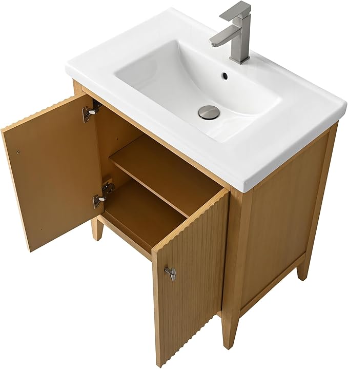 HOMEBEYOND 30" Bathroom Vanity with Ceramic Sink, Solid Wood Free-Standing Vanities Cabinet, Ceramic Top, Golden Brushed Handware & Soft Closing Door, Natural Oak