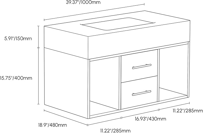 homary 39.4" Floating Bathroom Vanity with Sink, Modern Wall-Mounted Vanity Bathroom Cabinet with Sintered Stone Countertop, Undermount Sink & White, 2 Open Storage Shelves