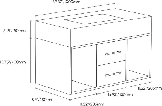 homary 39.4" Floating Bathroom Vanity with Sink, Modern Wall-Mounted Vanity Bathroom Cabinet with Sintered Stone Countertop, Undermount Sink & White, 2 Open Storage Shelves