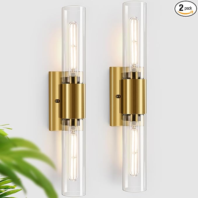 Wall Sconces Set of Two, Gold Bathroom Sconces Wall Lighting with Clear Glass Modern Sconces Wall Light Set of 2 Bathroom Light Fixtures Vanity Light for Bedroom Washroom Hallway Living Room