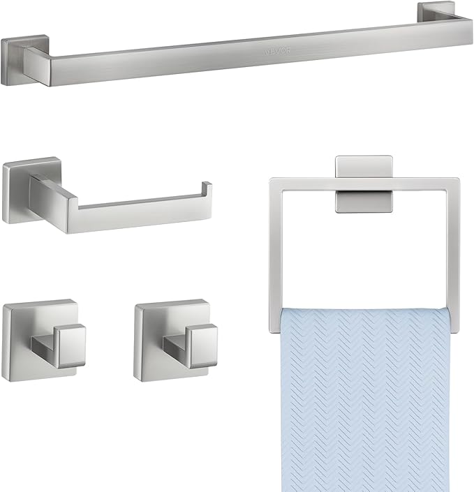 VEVOR Brushed Nickel Bathroom Hardware Set, 5 Pieces Bathroom Accessories Set, Stainless Steel 24 inch Towel Bar, Towel Rack, 2 Robe Towel Hooks, Toilet Paper Holder for Bath Room, Wall Mounted