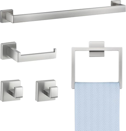 VEVOR Brushed Nickel Bathroom Hardware Set, 5 Pieces Bathroom Accessories Set, Stainless Steel 24 inch Towel Bar, Towel Rack, 2 Robe Towel Hooks, Toilet Paper Holder for Bath Room, Wall Mounted