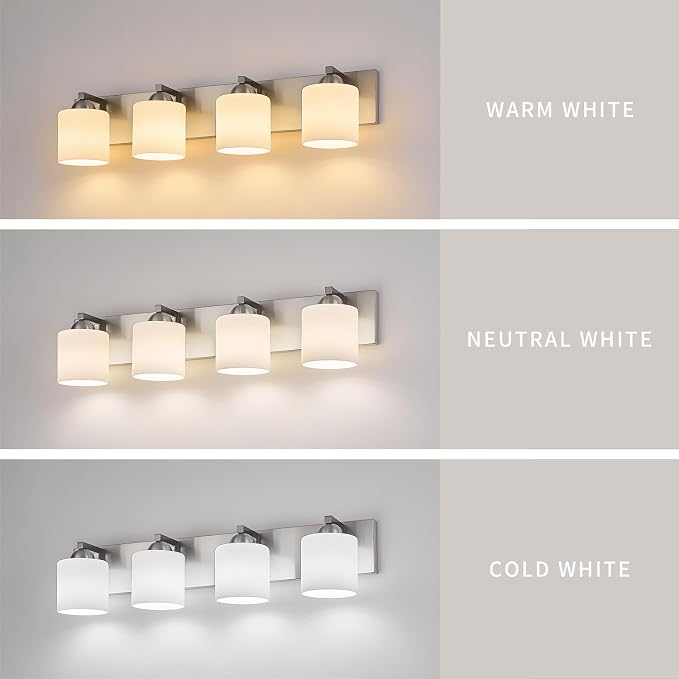 mirrea 4-Light Brushed Nickel Bathroom Vanity Light with White Glass Shades | makeup vanity illumination grooming station light over-sink wall lamp renovate remodel refresh decorate
