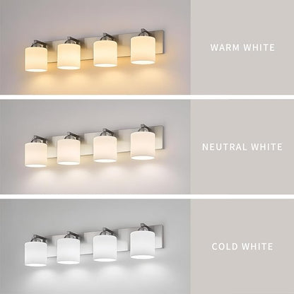 mirrea 4-Light Brushed Nickel Bathroom Vanity Light with White Glass Shades | makeup vanity illumination grooming station light over-sink wall lamp renovate remodel refresh decorate