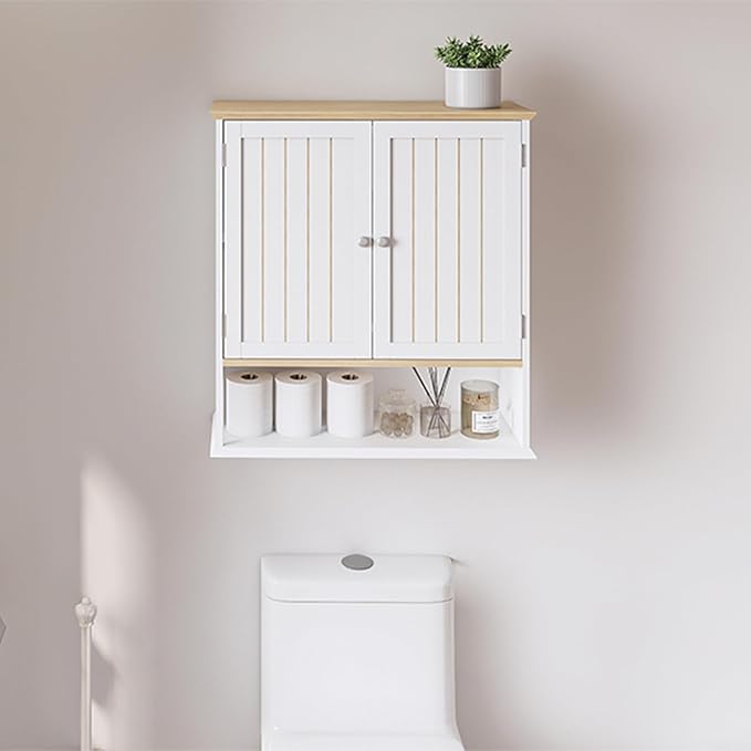 Wall Cabinet with 2 Doors & Open Shelf – Space Saving Medicine Cabinet, Wooden Wall Mounted Storage Cupboard for Bathroom Organization White