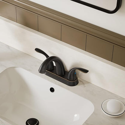 Phiestina 4 Inch 2 or 3 Holes 2 Handles Centerset Lead-Free Bathroom Sink Faucet, Oil Rubbed Bronze Bathroom Faucet with Copper Pop Up Drain and Water Supply Lines, BF008-5-ORB
