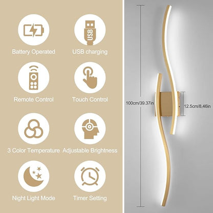 Modern LED Wall Sconce Set of Two, Dimmable Battery Powered Wall Sconces, 3000K-6500K Wireless Wall Light, Rechargeable Wall Lamp Indoor not Hardwired for Room Bedroom Corridor, 39.3in(Gold)