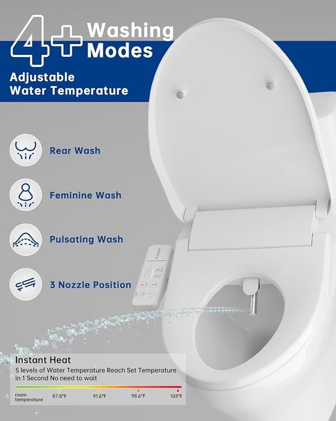 Heated Smart Toilet Seat with Feminine Wash & Dryer, Elongated Bidet with Adjustable Water Temperature, Pressure & Nozzle Position