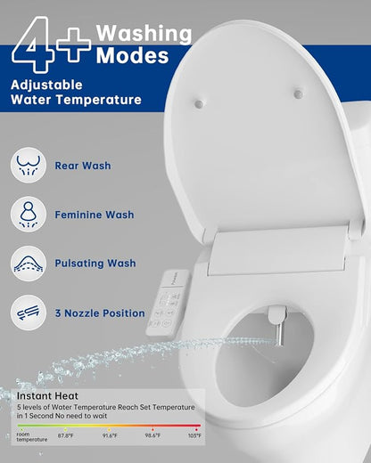 Heated Smart Toilet Seat with Feminine Wash & Dryer, Elongated Bidet with Adjustable Water Temperature, Pressure & Nozzle Position