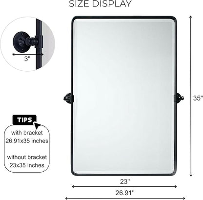 TEHOME Matt Black Pivot Rectangle Bathroom Vanity Mirrror Farmhouse Tiltable Rounded Metal Framed Pivoting Bathroom Mirror with Beveled Mirrror, Overall 27 x 35 inches (Mirrror 23 x 35 inches)