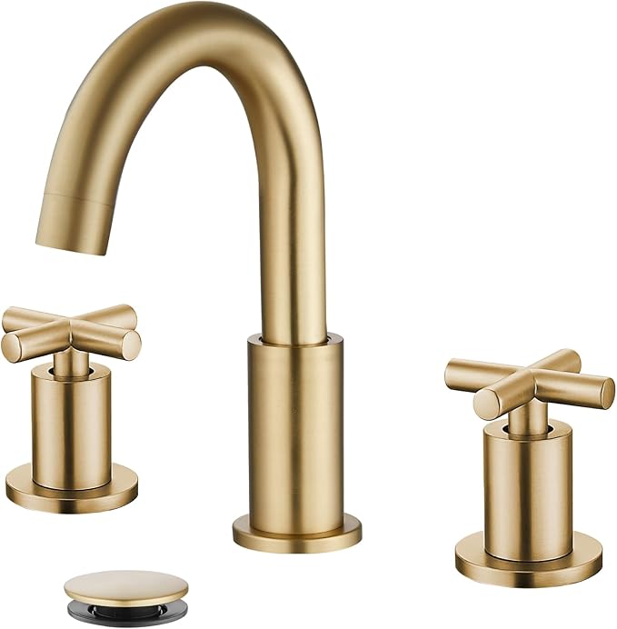 gotonovo 3 Hole Bathroom Faucet 8 inch Widespread Sink Vanity Faucet for Bathroom Sink 2 Cross Handle Deck Mount Basin with Pop Up Drain 360° Swivel Spout Brushed Gold