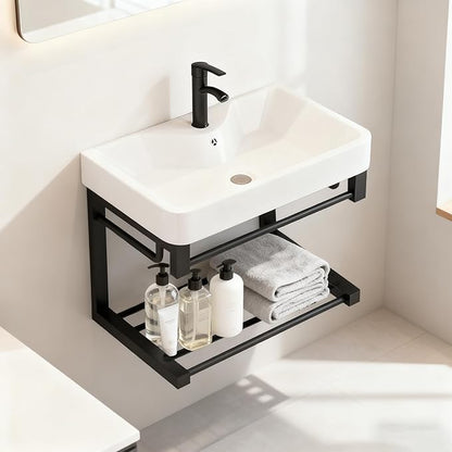 Floating wall-Mounted Bathroom 17-inch Vanity with Ceramic washbasin, Open Shelf, and Black mini Small Bathroom Vanity