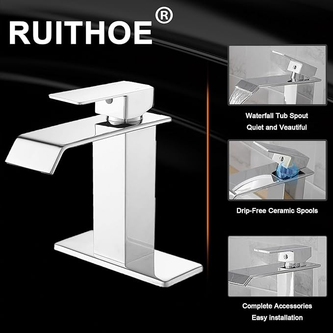 Chrome Waterfall Bathroom Faucet 1 Hole Deck Mount, Single Handle Bathroom Sink Faucet Modern Polished Lavatory Vanity Mixer Tap Commercial with Pop Up Drain