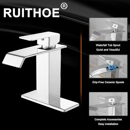 Chrome Waterfall Bathroom Faucet 1 Hole Deck Mount, Single Handle Bathroom Sink Faucet Modern Polished Lavatory Vanity Mixer Tap Commercial with Pop Up Drain