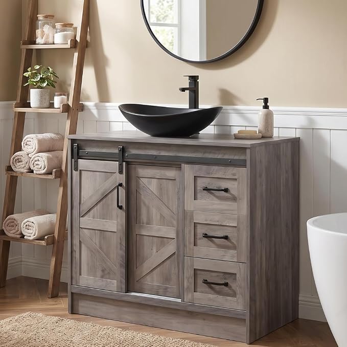 36inch Farmhouse Bathroom Vanity with Sink, Bathroom Storage Cabinet with Sliding Barn Doors & Drawers, Freestanding Vanity with Black Ceramic Boat Sink Combo Set