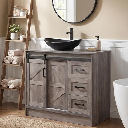36inch Farmhouse Bathroom Vanity with Sink, Bathroom Storage Cabinet with Sliding Barn Doors & Drawers, Freestanding Vanity with Black Ceramic Boat Sink Combo Set