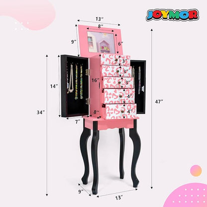 JOYMOR Kids Jewelry Armoire Cabinet with Top Flip Mirror and Storage Organizer, Standing Jewelry Cabinet with 5 Drawers, Freestanding Jewelry Storage for Girls