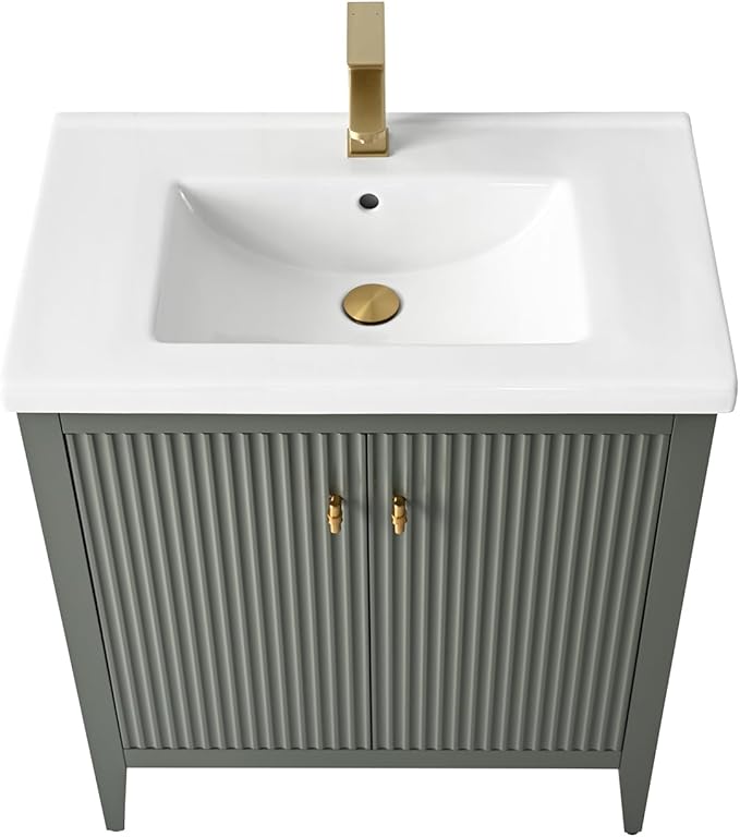 HOMEBEYOND 30" Bathroom Vanity with Ceramic Sink, Solid Wood Free-Standing Vanities Cabinet, Ceramic Top, Golden Brushed Handware & Soft Closing Door, Vintage Green
