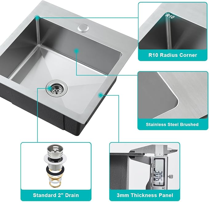 Handmade 15"x15" RV Drop-in Bar Sink Stainless Steel 2" Drain Hole | Compact Top Mount Basin, Suitable for RV, Campervan, Caravan, Boat, Mobile Tiny Kitchen