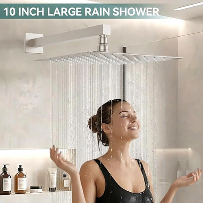 Shower System Shower Faucet Set, STARBATH 10" Wall Mount Rain Shower Head and Handheld Spray for Two Person, Rainfall Shower System with Diverter Valve and Trim Kit Complete,Brushed Nickel