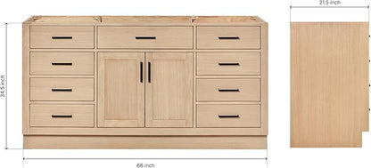 ARIEL Hepburn 66-inch Bathroom Vanity Base Cabinet,Solid Wood, 2 Soft Closing Doors, 9 Dovetail Drawers, White Oak