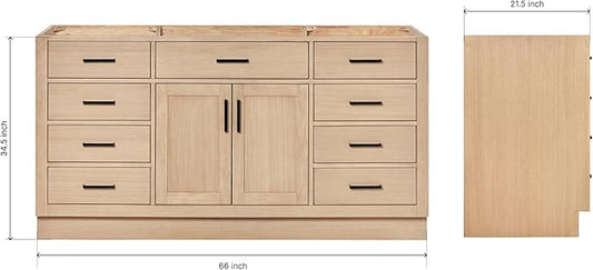 ARIEL Hepburn 66-inch Bathroom Vanity Base Cabinet,Solid Wood, 2 Soft Closing Doors, 9 Dovetail Drawers, White Oak