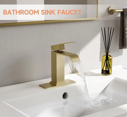 Brushed Gold Bathroom Faucets Evolvegoods Modern Waterfall Bathroom Faucet | Single Handle 1 or 3 Hole Bathroom Sink Faucet RV Mixer Tap Vanity Faucet with Deck Plate Pop-up Drain and Supply Lines
