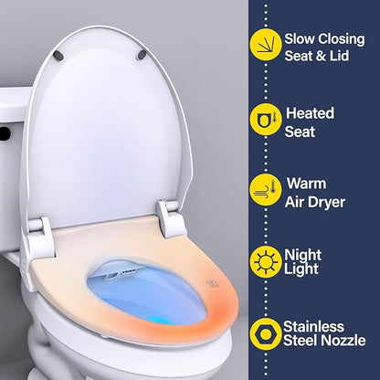 Bidet Toilet Seat 102DS-W, Round, Electronic Heated Seat with Unlimited Warm Water for Home Bathroom, Remote Control, Turbo Wash & Dryer, Night Light, Easy Install - Perfect for Family Use