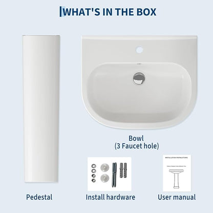 Pedestal Sink - 3 Hole Rectangular Porcelain Pedestal Sink Combo for Bathroom, 4-Inch Center Faucet Holes, White Color with Overflow and Backsplash