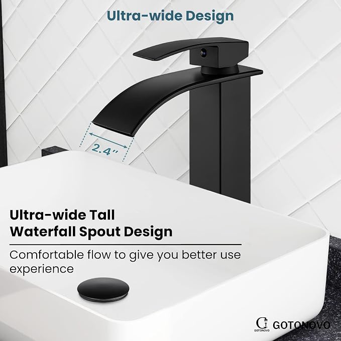gotonovo Waterfall Tall Bathroom Faucet 1 Hole No Drain, Matte Black | Modern Vessel Sink Faucet Single Handle 304 Stainless Steel,24” cUPC Supply Hoses,for Bowl Basin Lavatory Vanity Restroom RV