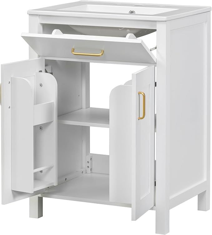 LUMISOL 24" Bathroom Vanity with Sink, Solid Wood Bathroom Cabinet with Tip-Out Drawer, Storage Racks, Soft-Close Door & Adjustable Shelves, Ceramic Sink, White