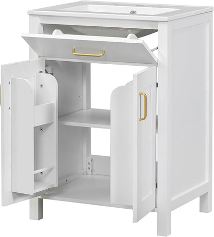LUMISOL 24" Bathroom Vanity with Sink, Solid Wood Bathroom Cabinet with Tip-Out Drawer, Storage Racks, Soft-Close Door & Adjustable Shelves, Ceramic Sink, White