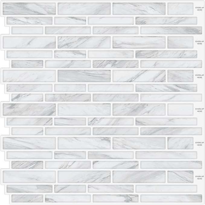 Tilingview 10PCS Peel and Stick Tile for Kitchen Backsplash, Strips Design Self-Adhesive Vinyl Tile, Plastic Wall Sticker (White Marble)