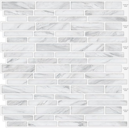 Tilingview 10PCS Peel and Stick Tile for Kitchen Backsplash, Strips Design Self-Adhesive Vinyl Tile, Plastic Wall Sticker (White Marble)