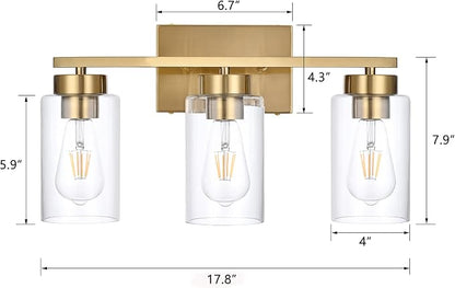 3-Light Bathroom Vanity Light, Modern Brushed Gold Wall Lights with Clear Glass Shades, Bathroom Wall Sconce Lamp for Mirror Living Room Bedroom Hallway