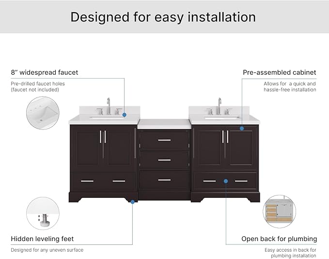 ARIEL Stafford 84-inch Bathroom Vanity with Sink,Solid Wood, 1.5in Pure White Quartz Countertop & Backsplash, Double Rectangular Porcelain Sink, 4 Soft Closing Doors, 5 Dovetail Drawers, Espresso